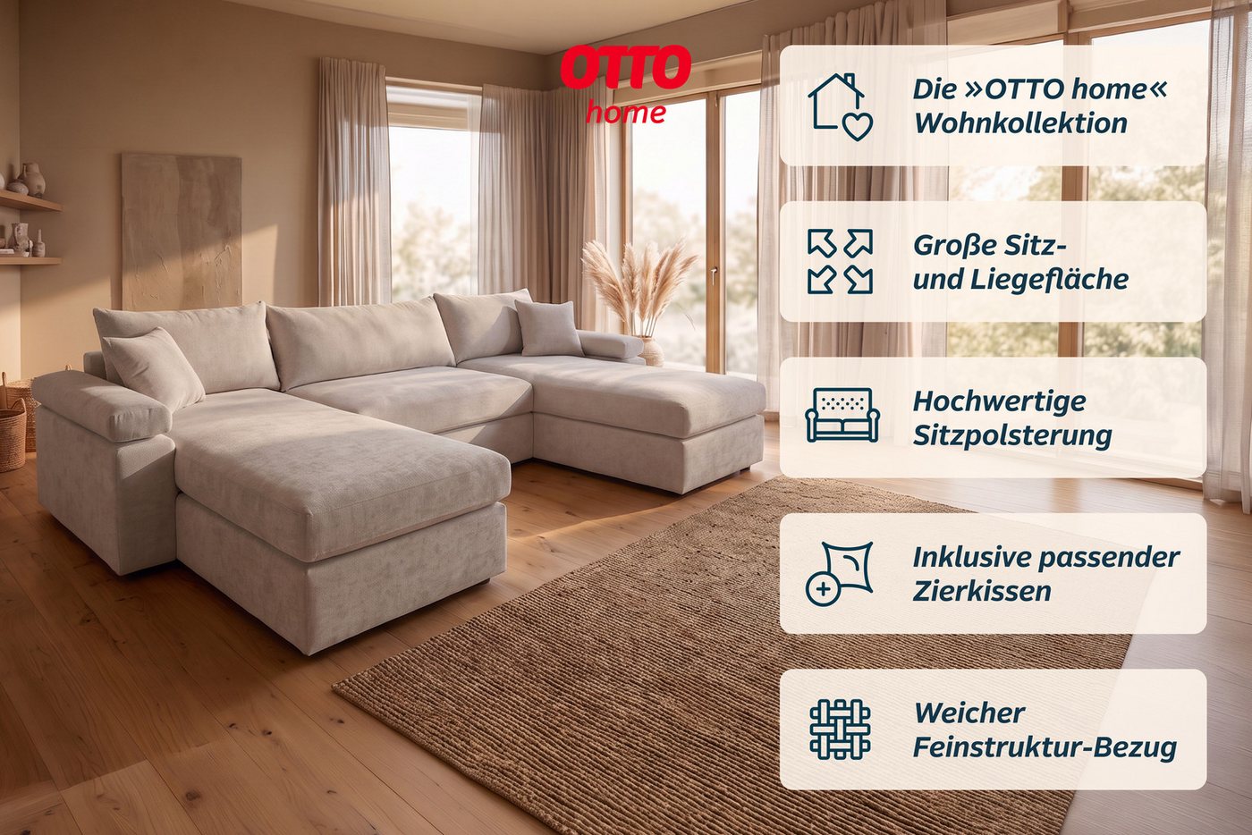 OTTO home Wohnlandschaft Cosy U-Form, B: 309 cm, XXL-Wohnlandschaft mit Federkern, 2 Zierkissen, Mega-Sofa, Cord oder Struktur weich, Kaltschaumauflage – Bild 3 von 5