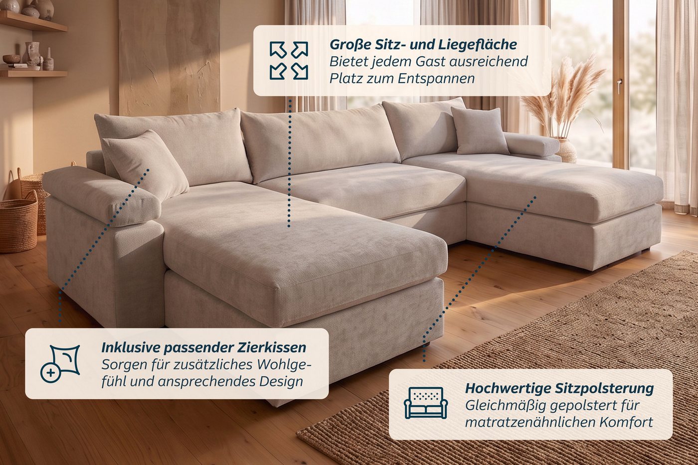 OTTO home Wohnlandschaft Cosy U-Form, B: 309 cm, XXL-Wohnlandschaft mit Federkern, 2 Zierkissen, Mega-Sofa, Cord oder Struktur weich, Kaltschaumauflage – Bild 4 von 5