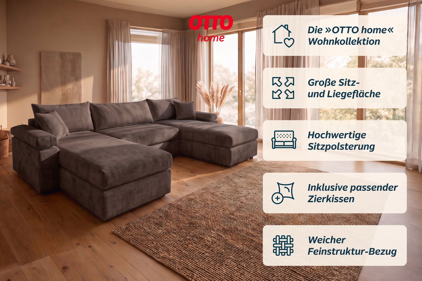 OTTO home Wohnlandschaft Cosy U-Form, B: 309 cm, XXL-Wohnlandschaft mit Federkern, 2 Zierkissen, Mega-Sofa, Cord oder Struktur weich, Kaltschaumauflage – Bild 3 von 5