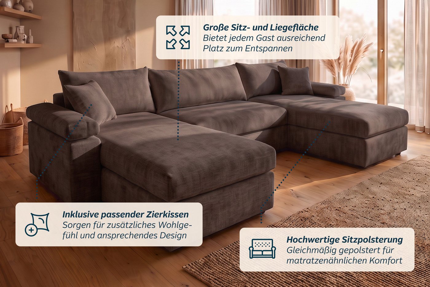 OTTO home Wohnlandschaft Cosy U-Form, B: 309 cm, XXL-Wohnlandschaft mit Federkern, 2 Zierkissen, Mega-Sofa, Cord oder Struktur weich, Kaltschaumauflage – Bild 4 von 5
