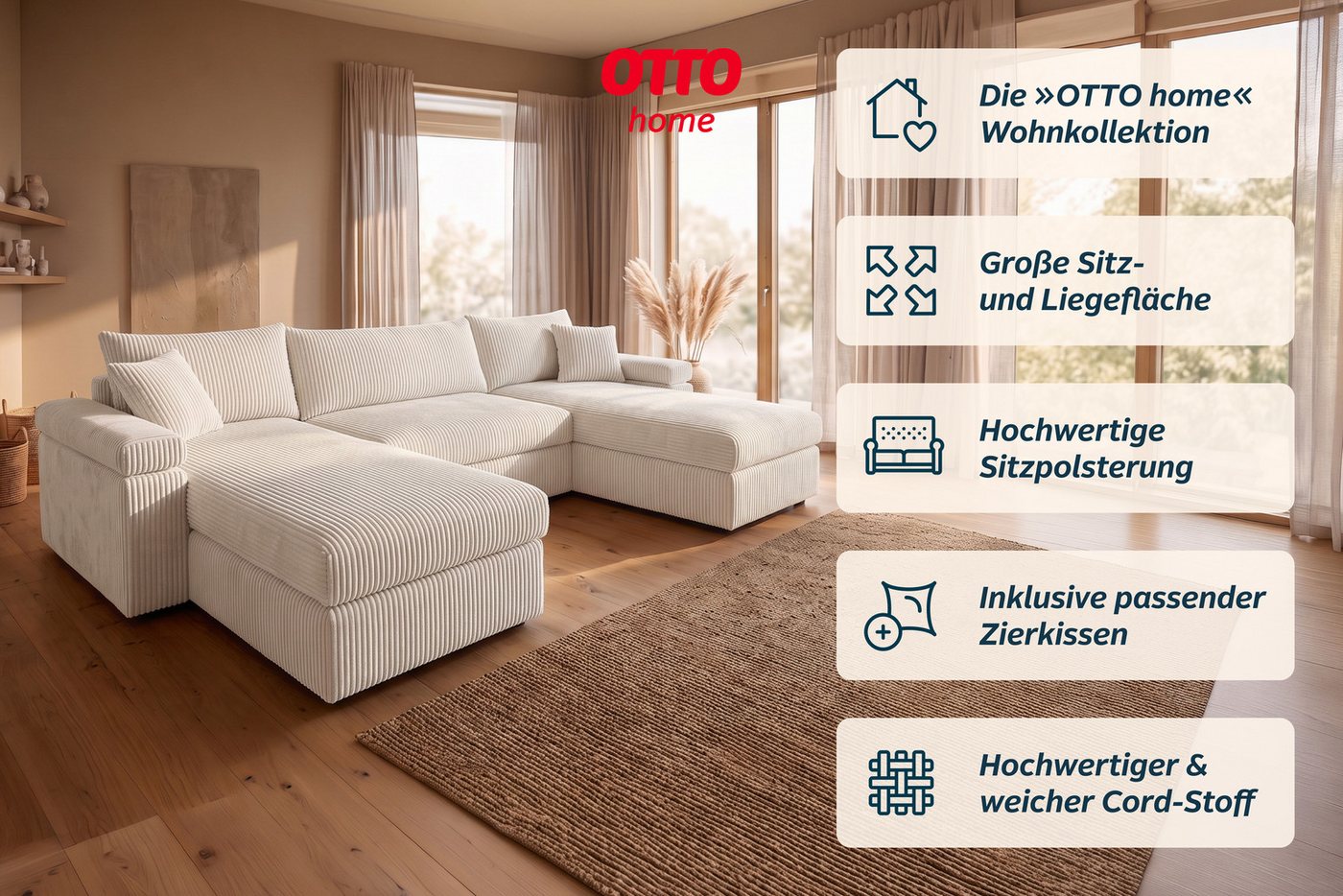 OTTO home Wohnlandschaft Cosy U-Form, B: 309 cm, XXL-Wohnlandschaft mit Federkern, 2 Zierkissen, Mega-Sofa, Cord oder Struktur weich, Kaltschaumauflage – Bild 3 von 5