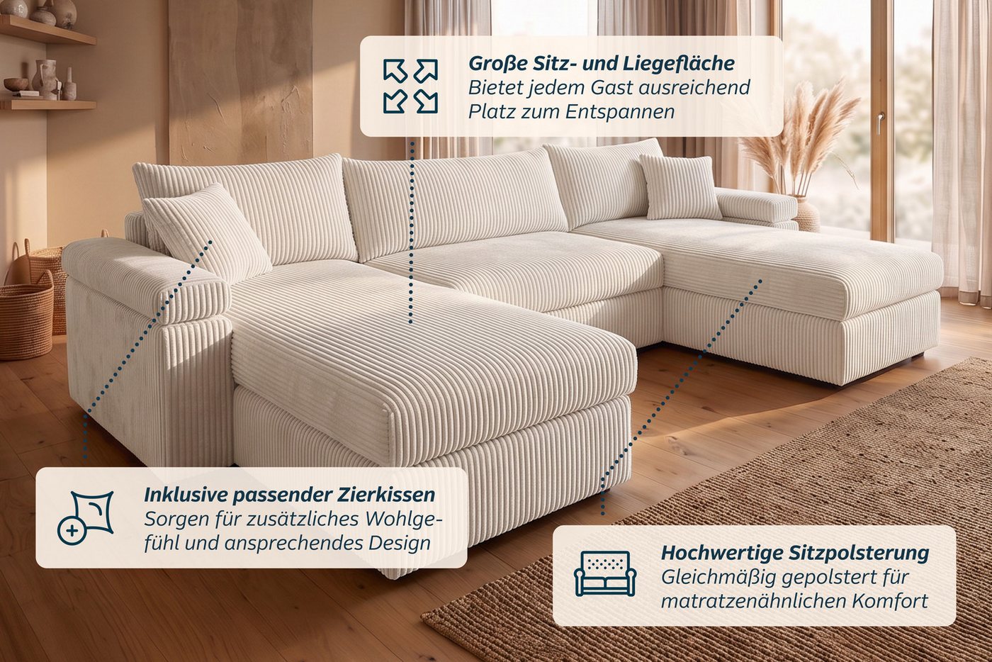 OTTO home Wohnlandschaft Cosy U-Form, B: 309 cm, XXL-Wohnlandschaft mit Federkern, 2 Zierkissen, Mega-Sofa, Cord oder Struktur weich, Kaltschaumauflage – Bild 4 von 5