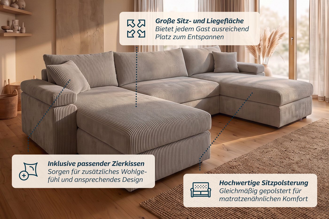 OTTO home Wohnlandschaft Cosy U-Form, B: 309 cm, XXL-Wohnlandschaft mit Federkern, 2 Zierkissen, Mega-Sofa, Cord oder Struktur weich, Kaltschaumauflage – Bild 4 von 5
