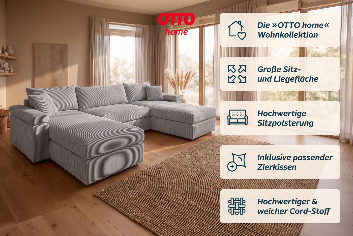 OTTO home Wohnlandschaft Cosy U-Form, B: 309 cm, XXL-Wohnlandschaft mit Federkern, 2 Zierkissen, Mega-Sofa, Cord oder Struktur weich, Kaltschaumauflage – Bild 3 von 5