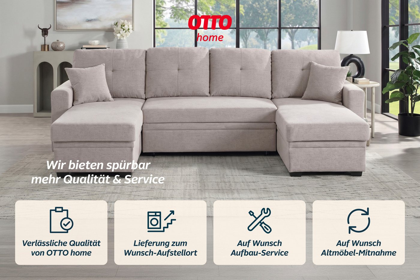 OTTO home Wohnlandschaft Gerrit U-Form, Br. 282 cm Couch, Liegefl. 125x215 cm, mit Schlaffunktion, 2 Bettkästen & 2 Zierkissen – Bild 5 von 5