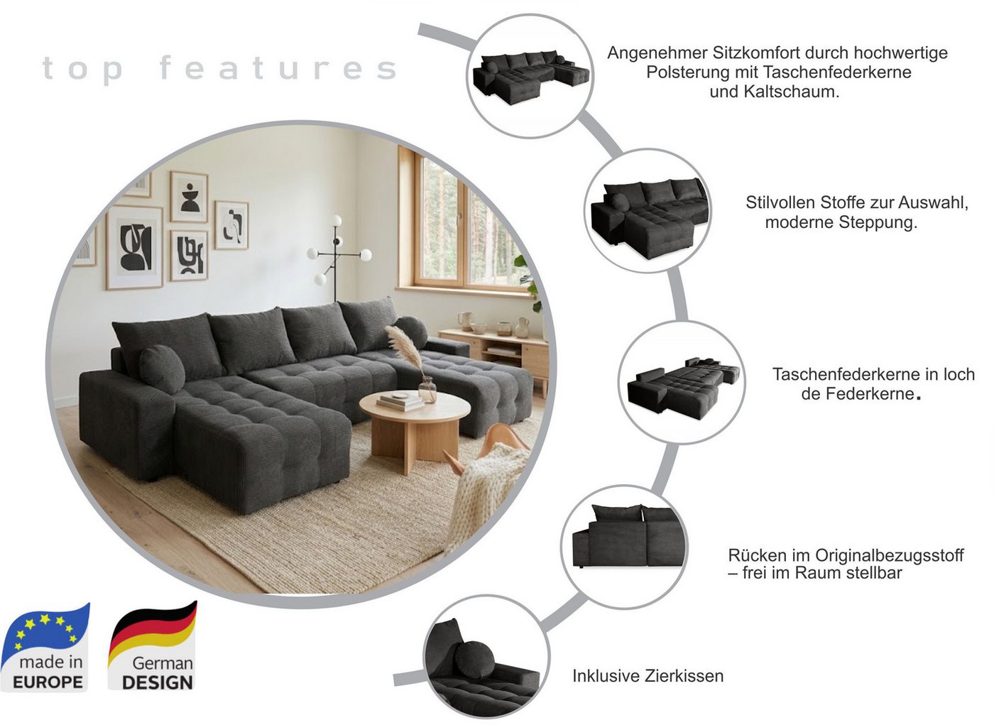 OTTO home Wohnlandschaft Jessy U-Form, B: 313 cm, in Cord & weiteren Bezügen, Schlaffunktion, Bettkasten, Tonnentaschenfederkern-Polsterung – Bild 3 von 5