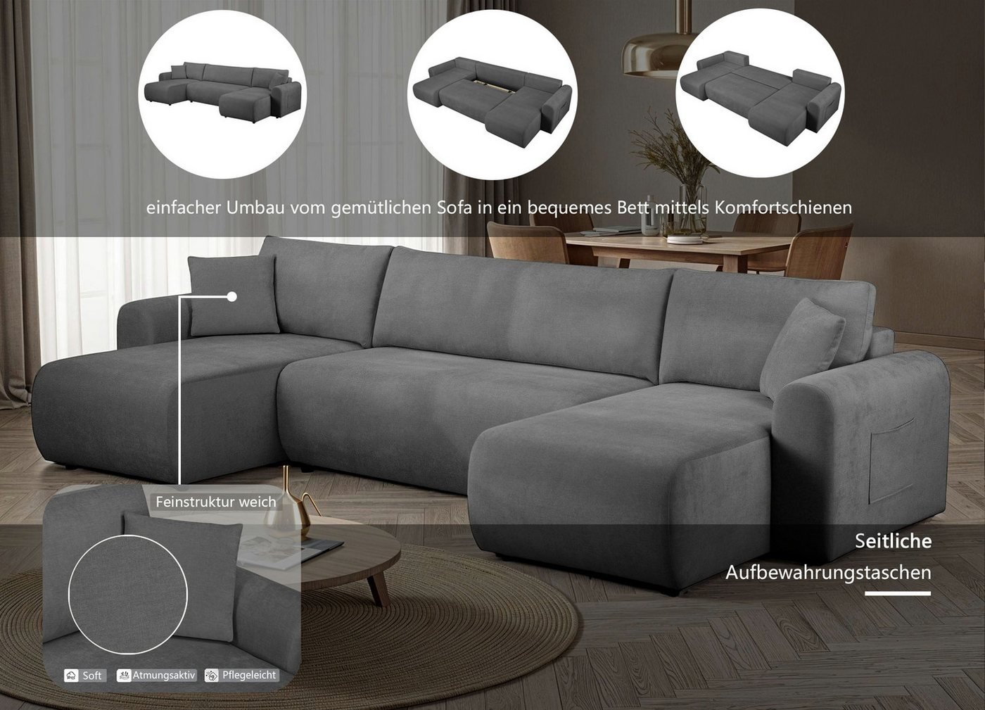 OTTO home Wohnlandschaft JONAA Feinstruktur, U-Form, 311 cm. -OTTO. Verlässliche Qualität, Tonnentaschen-Federkern, Bettkasten, Schlafsofa (133/270) – Bild 3 von 5