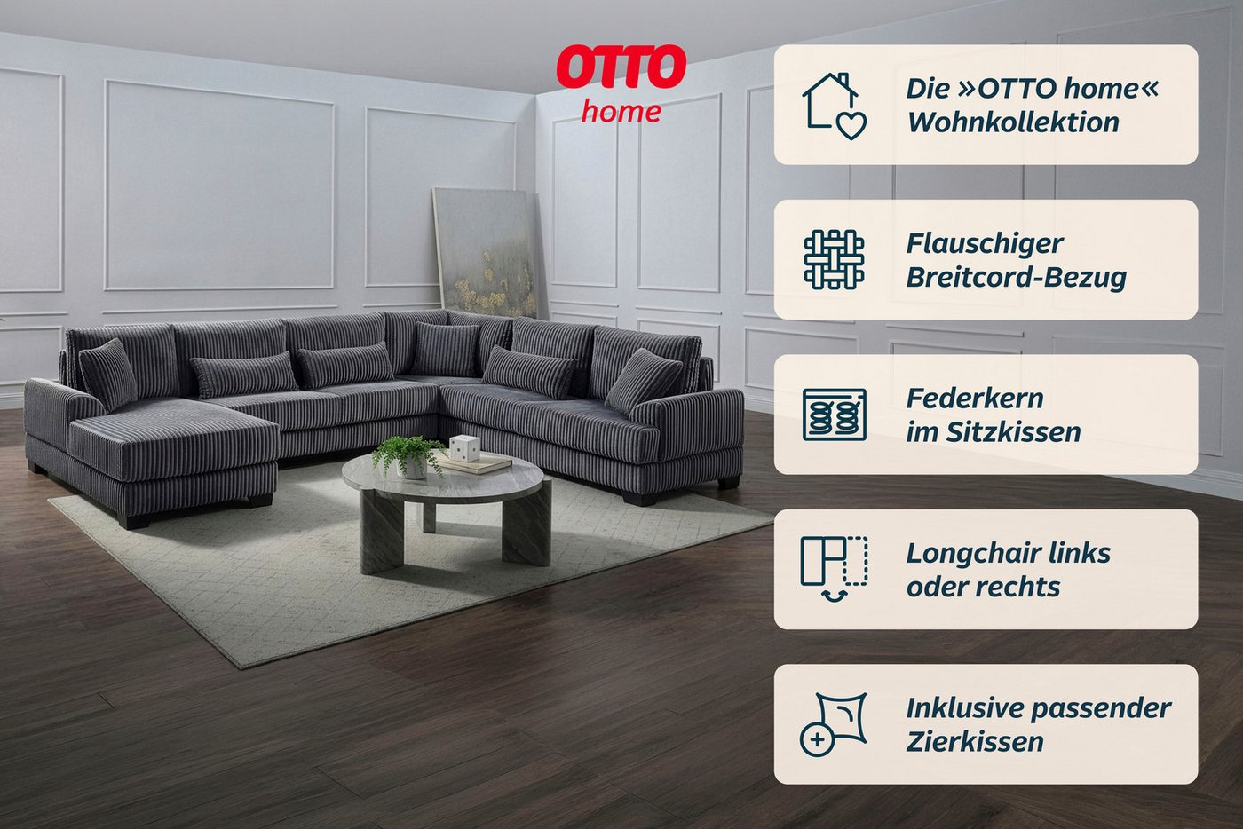 OTTO home Wohnlandschaft Miron U-Form, B: 332 cm, weicher XXL-Cordbezug, Sofa mit Federkern, 6 Zierkissen, Rücken echt bezogen – Bild 2 von 5