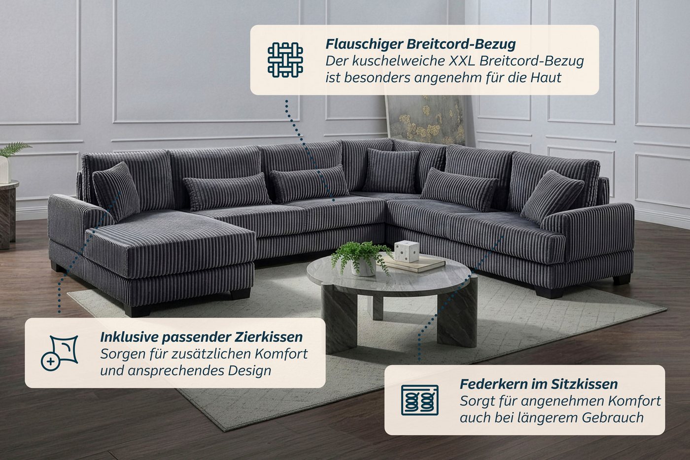 OTTO home Wohnlandschaft Miron U-Form, B: 332 cm, weicher XXL-Cordbezug, Sofa mit Federkern, 6 Zierkissen, Rücken echt bezogen – Bild 3 von 5