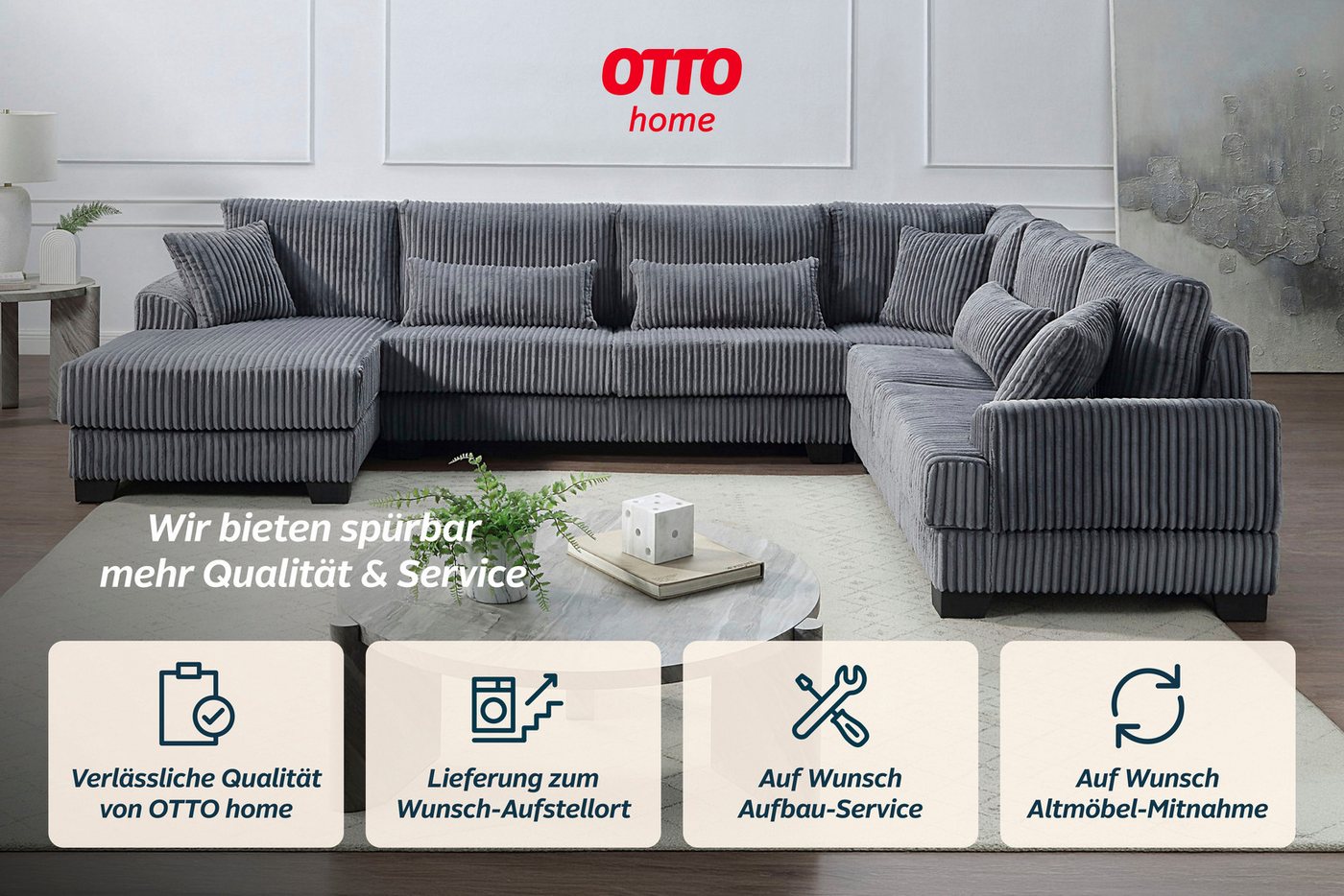 OTTO home Wohnlandschaft Miron U-Form, B: 332 cm, weicher XXL-Cordbezug, Sofa mit Federkern, 6 Zierkissen, Rücken echt bezogen – Bild 4 von 5