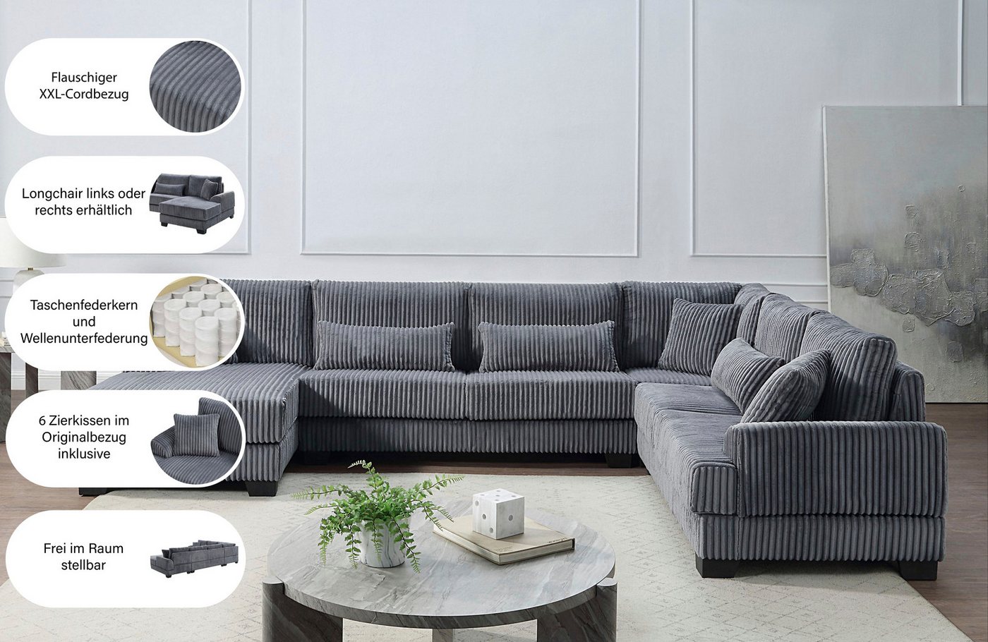 OTTO home Wohnlandschaft Miron U-Form, B: 332 cm, weicher XXL-Cordbezug, Sofa mit Federkern, 6 Zierkissen, Rücken echt bezogen – Bild 5 von 5