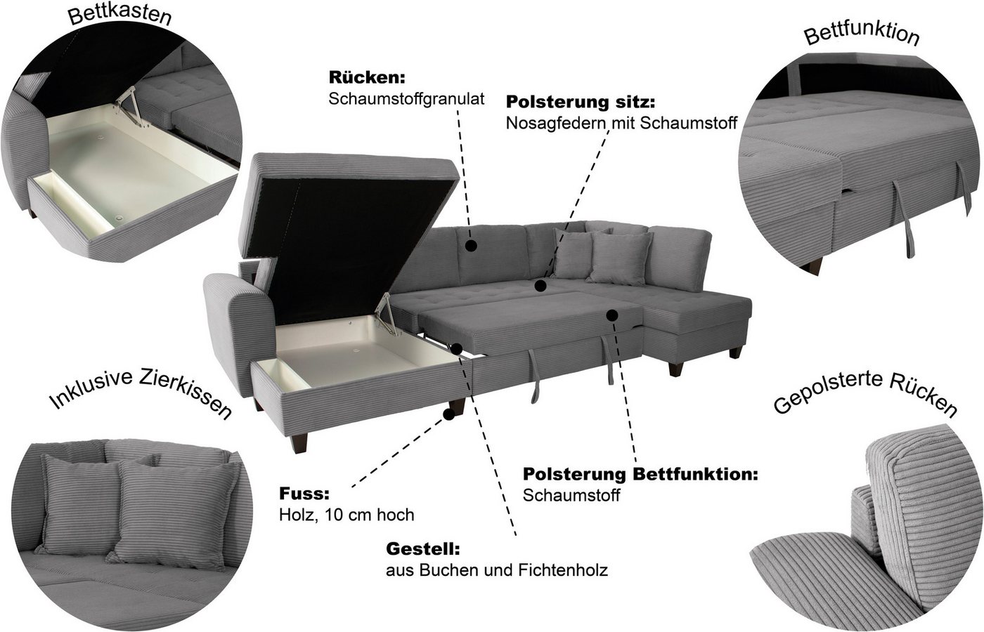 OTTO home Wohnlandschaft Moritz U-Form, B: 324 cm, mit Schlaffunktion, Bettkasten & Zierkissen – Bild 3 von 5