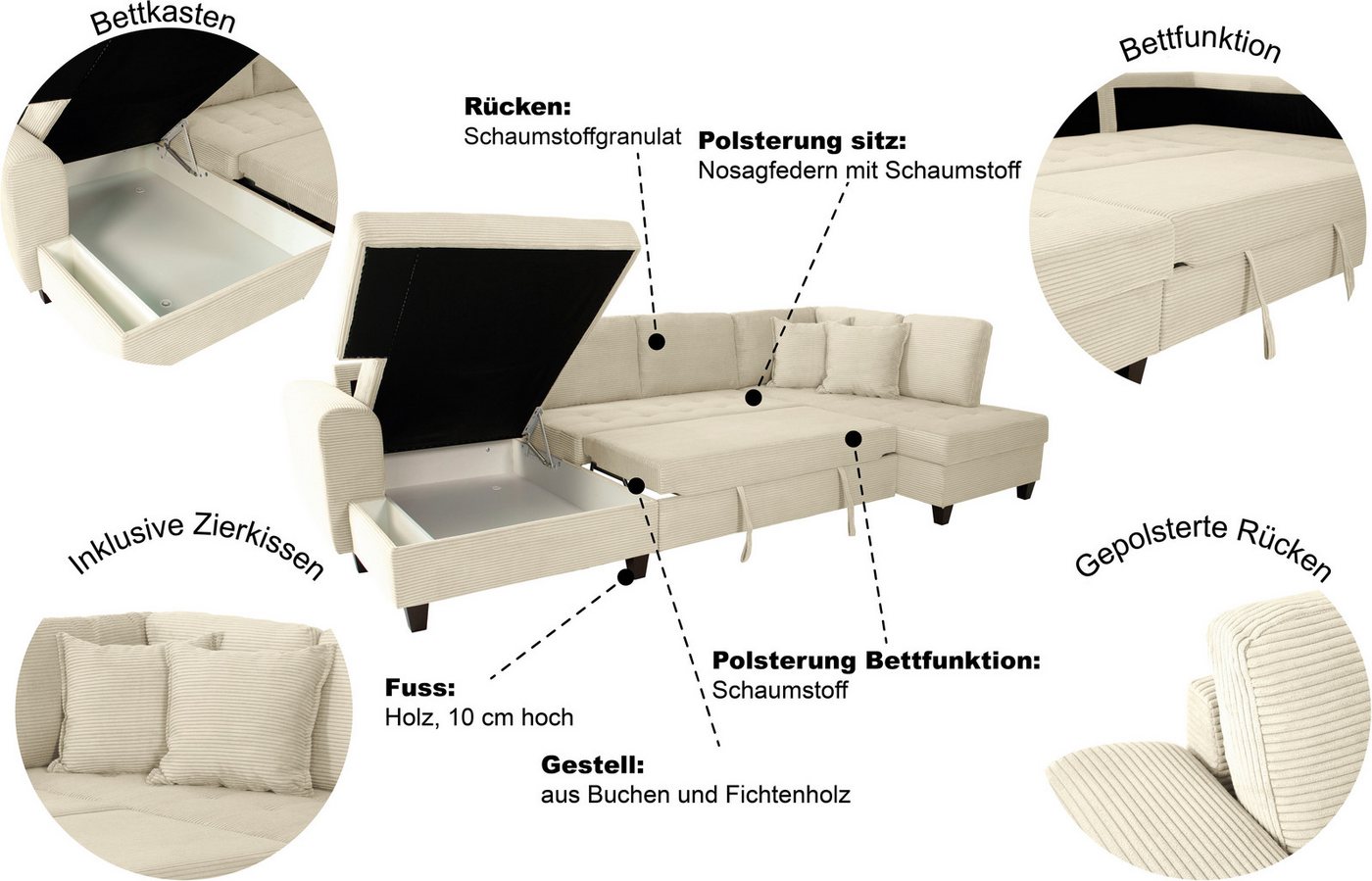OTTO home Wohnlandschaft Moritz U-Form, B: 324 cm, mit Schlaffunktion, Bettkasten & Zierkissen – Bild 3 von 5