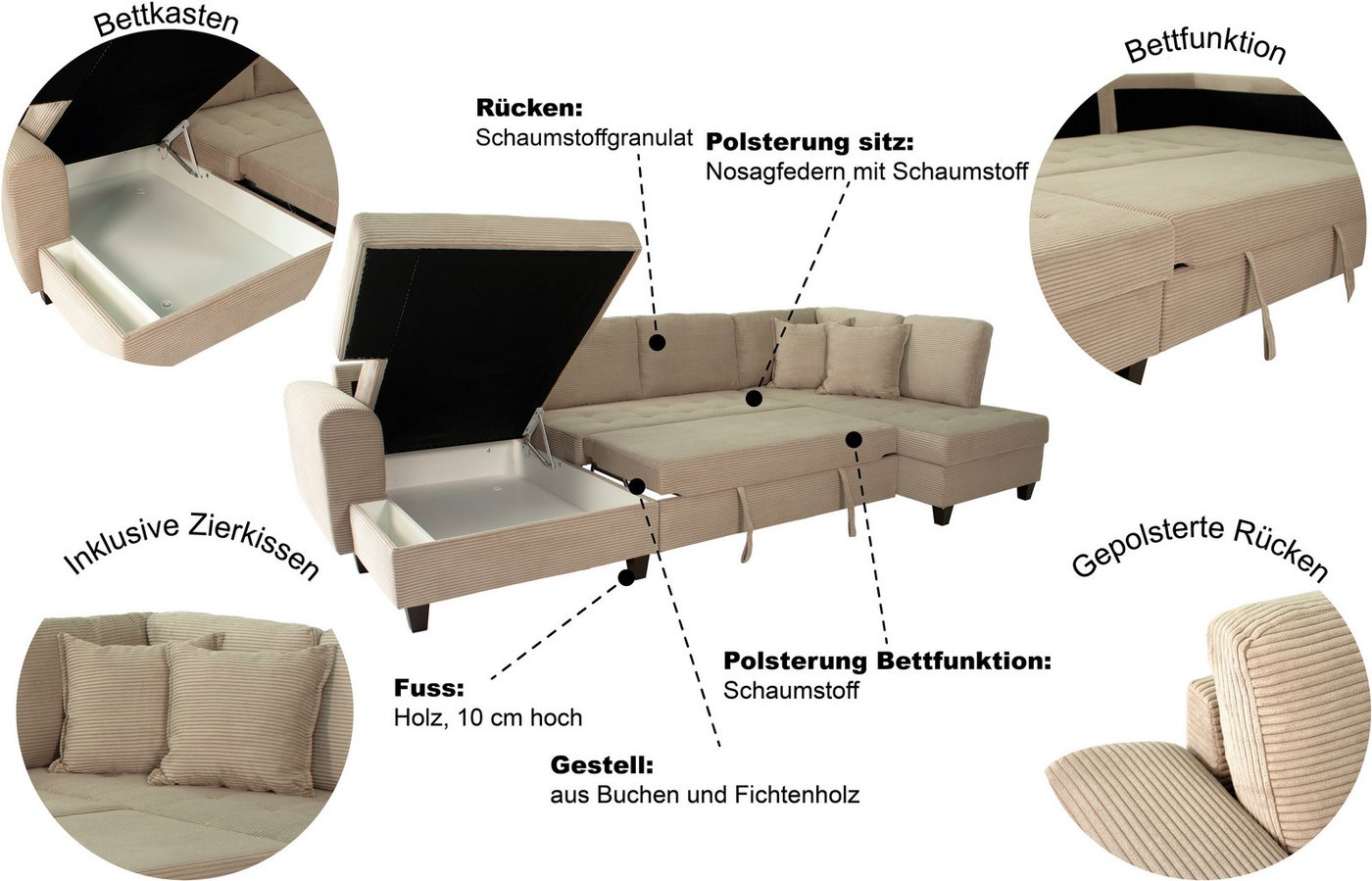 OTTO home Wohnlandschaft Moritz U-Form, B: 324 cm, mit Schlaffunktion, Bettkasten & Zierkissen – Bild 3 von 5