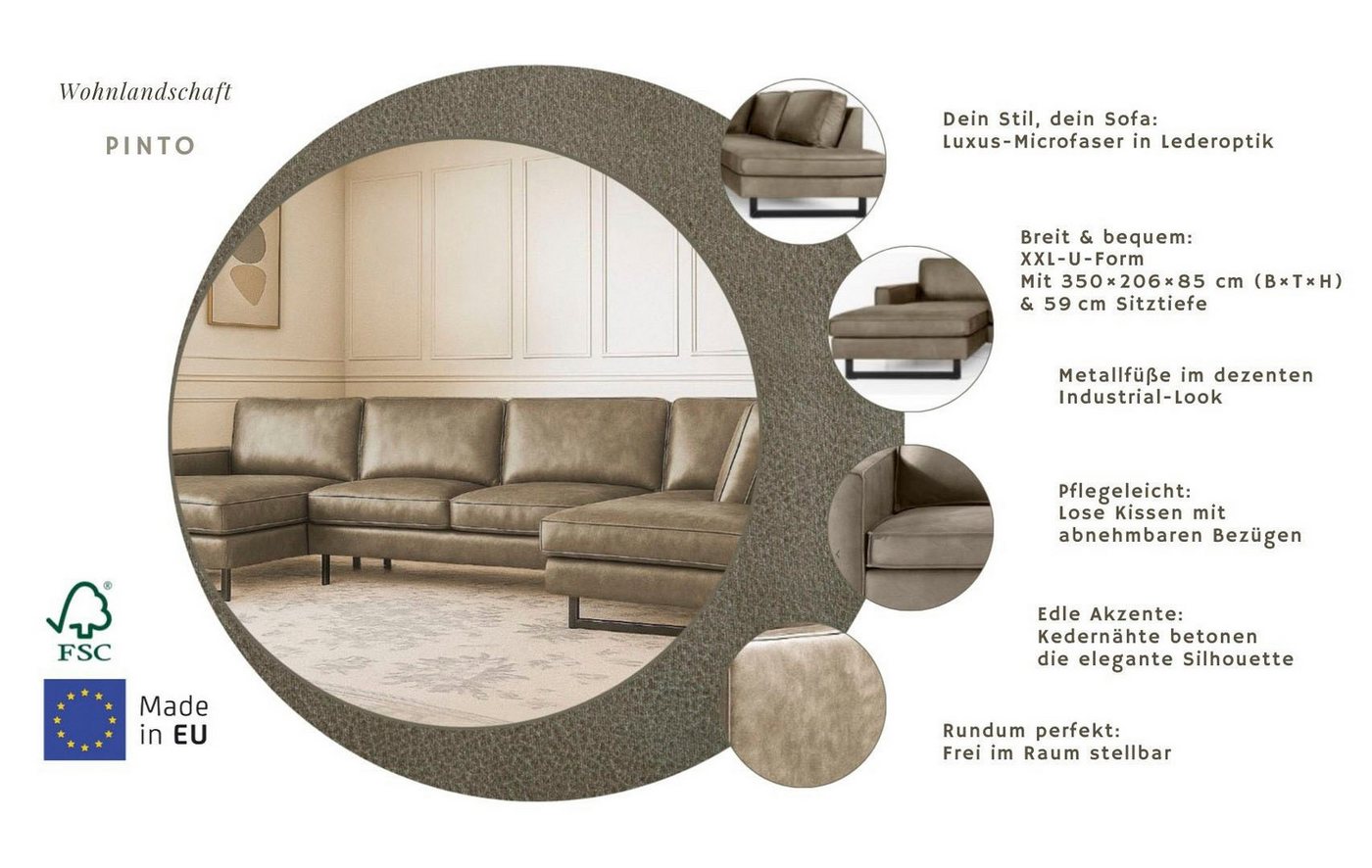 OTTO home Wohnlandschaft Pinto, 350 cm, U-Form, XXL, mit Ottomanen, Cord, Chenille, Lederoptik, mit Keder, Metallfüße, Wellenunterfederung – Bild 4 von 5