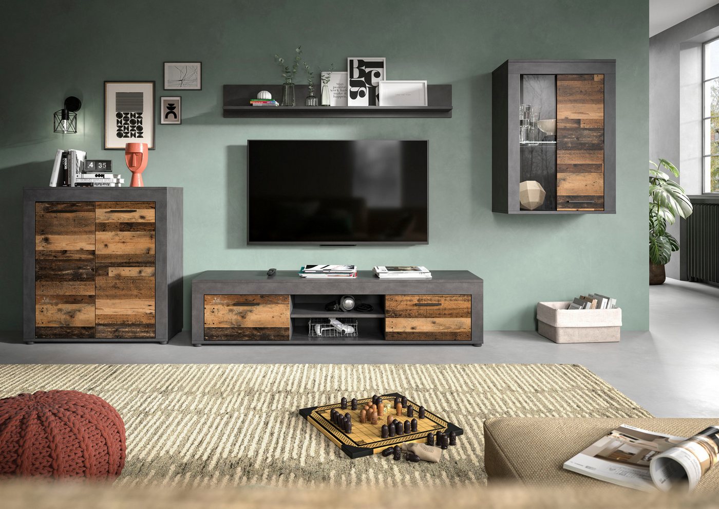 OTTO home Wohnwand AOSTA, Breite 330cm, 4-teilige Wohn-Kombination, (4-St., bestehend aus: Highboard, Lowboard, Wandboard & Vitrine), Wohnwand, Kombination, Anb – Bild 2 von 5