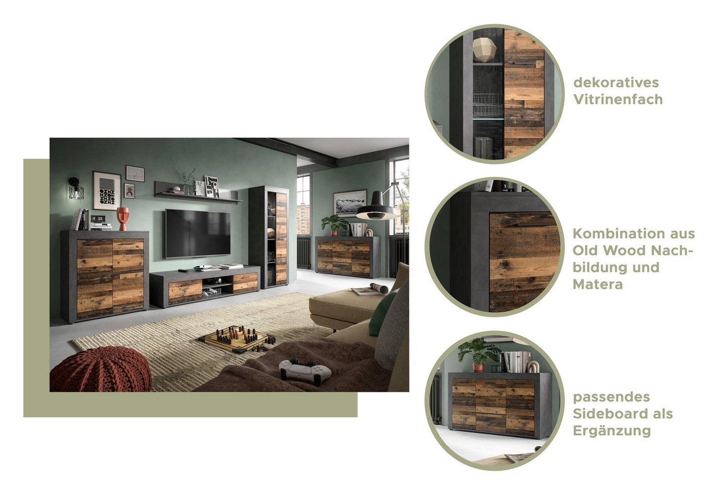 OTTO home Wohnwand AOSTA, Breite 330cm, 4-teilige Wohn-Kombination, (4-St., bestehend aus: Highboard, Lowboard, Wandboard & Vitrine), Wohnwand, Kombination, Anb – Bild 3 von 5