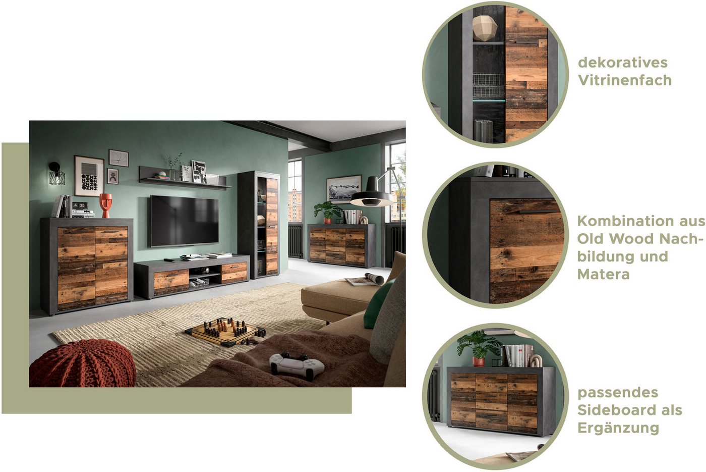 OTTO home Wohnwand AOSTA, Breite 235cm, 3-teilige Wohn-Kombination, (3-St., bestehend aus: Lowboard, Wandboard, Vitrine), Wohnwand, Kombination, Anbauwand, Möbe – Bild 3 von 5