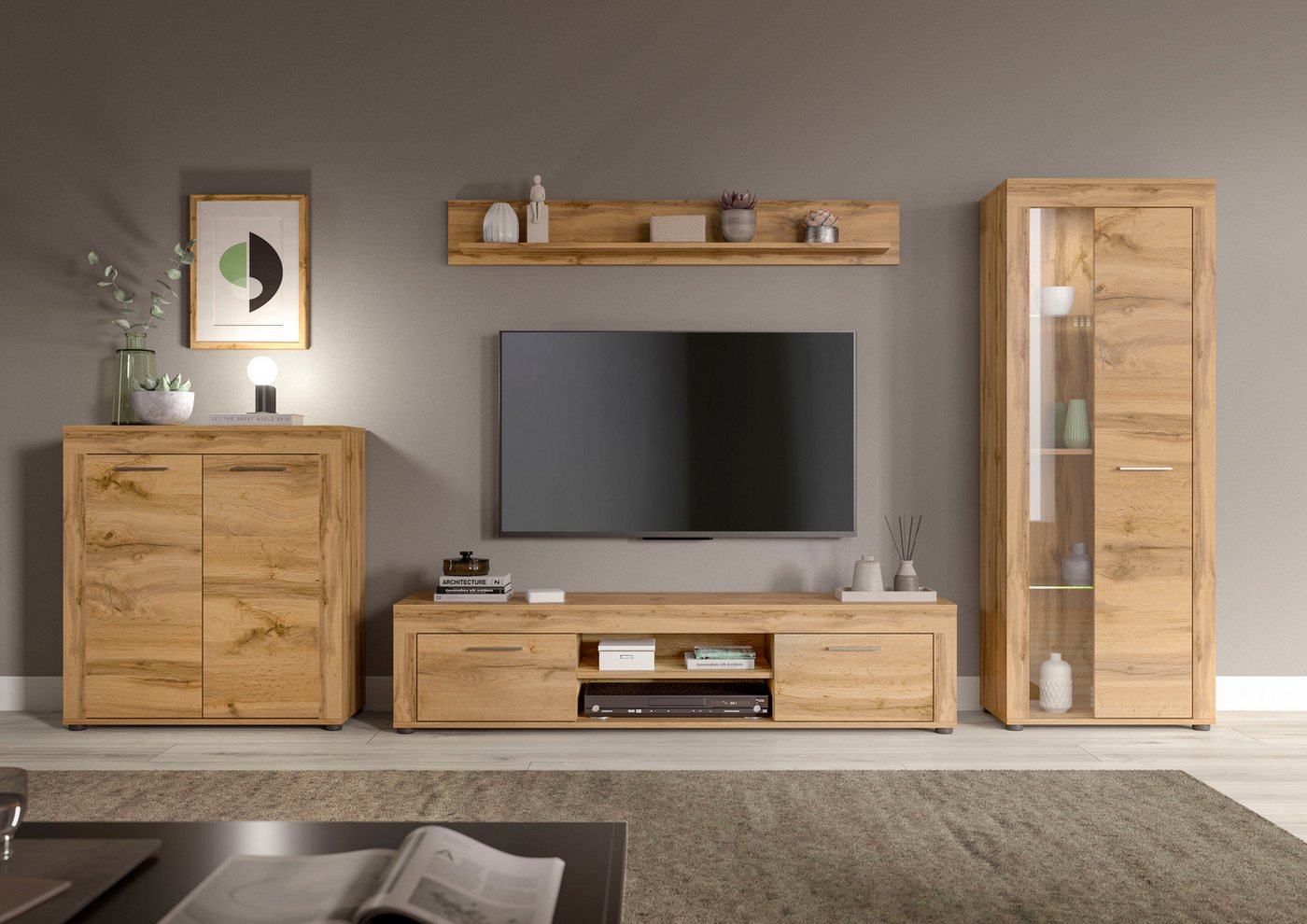 OTTO home Wohnwand AOSTA, Breite 330cm, 4-teilige Wohn-Kombination, (4-St., bestehend aus: Highboard, Lowboard, Wandboard, Vitrine), Wohnwand, Kombination, Anba – Bild 2 von 5