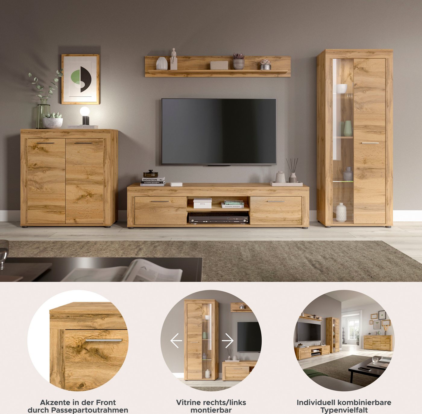 OTTO home Wohnwand AOSTA, Breite 330cm, 4-teilige Wohn-Kombination, (4-St., bestehend aus: Highboard, Lowboard, Wandboard, Vitrine), Wohnwand, Kombination, Anba – Bild 3 von 5
