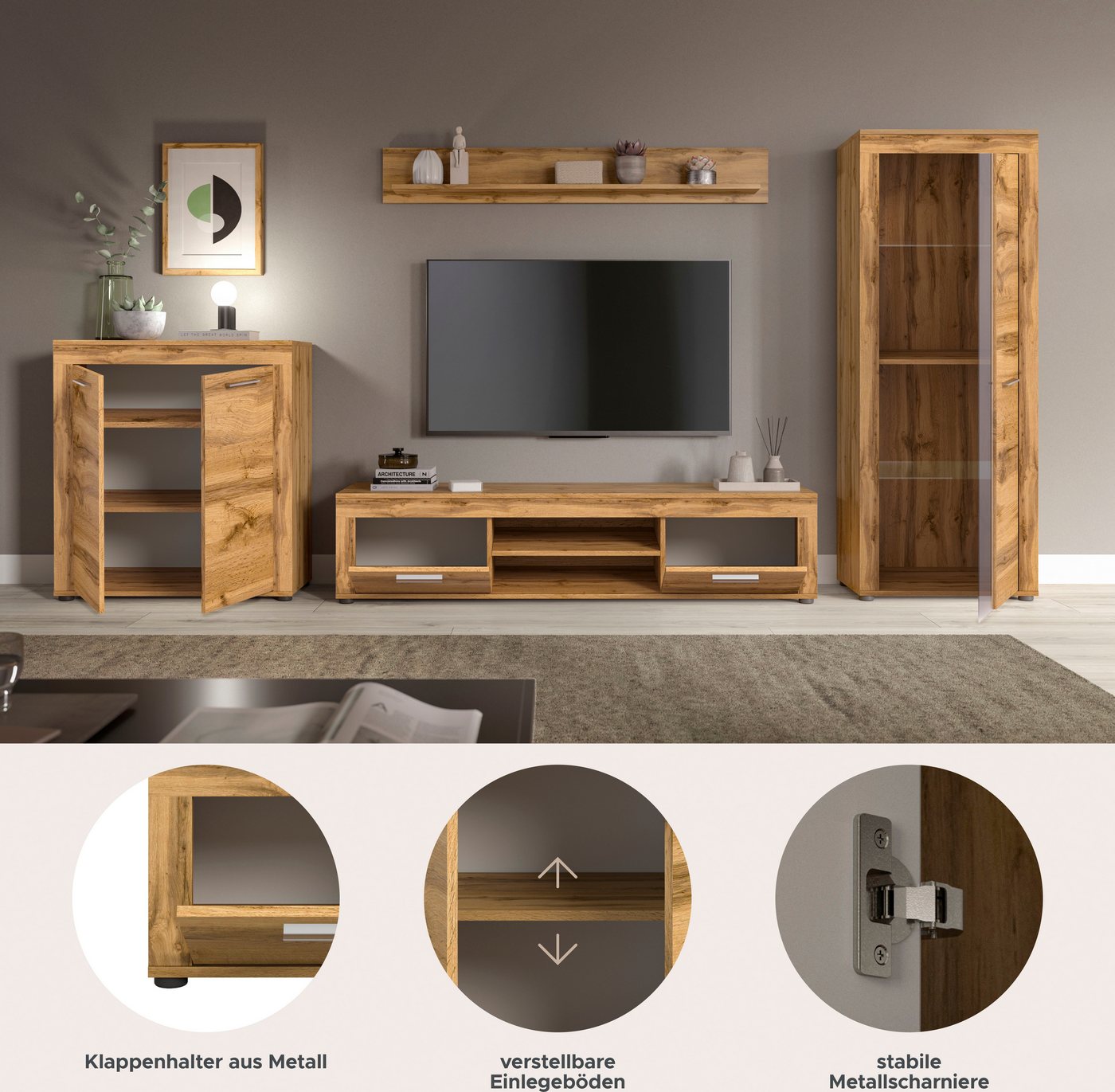 OTTO home Wohnwand AOSTA, Breite 330cm, 4-teilige Wohn-Kombination, (4-St., bestehend aus: Highboard, Lowboard, Wandboard, Vitrine), Wohnwand, Kombination, Anba – Bild 4 von 5
