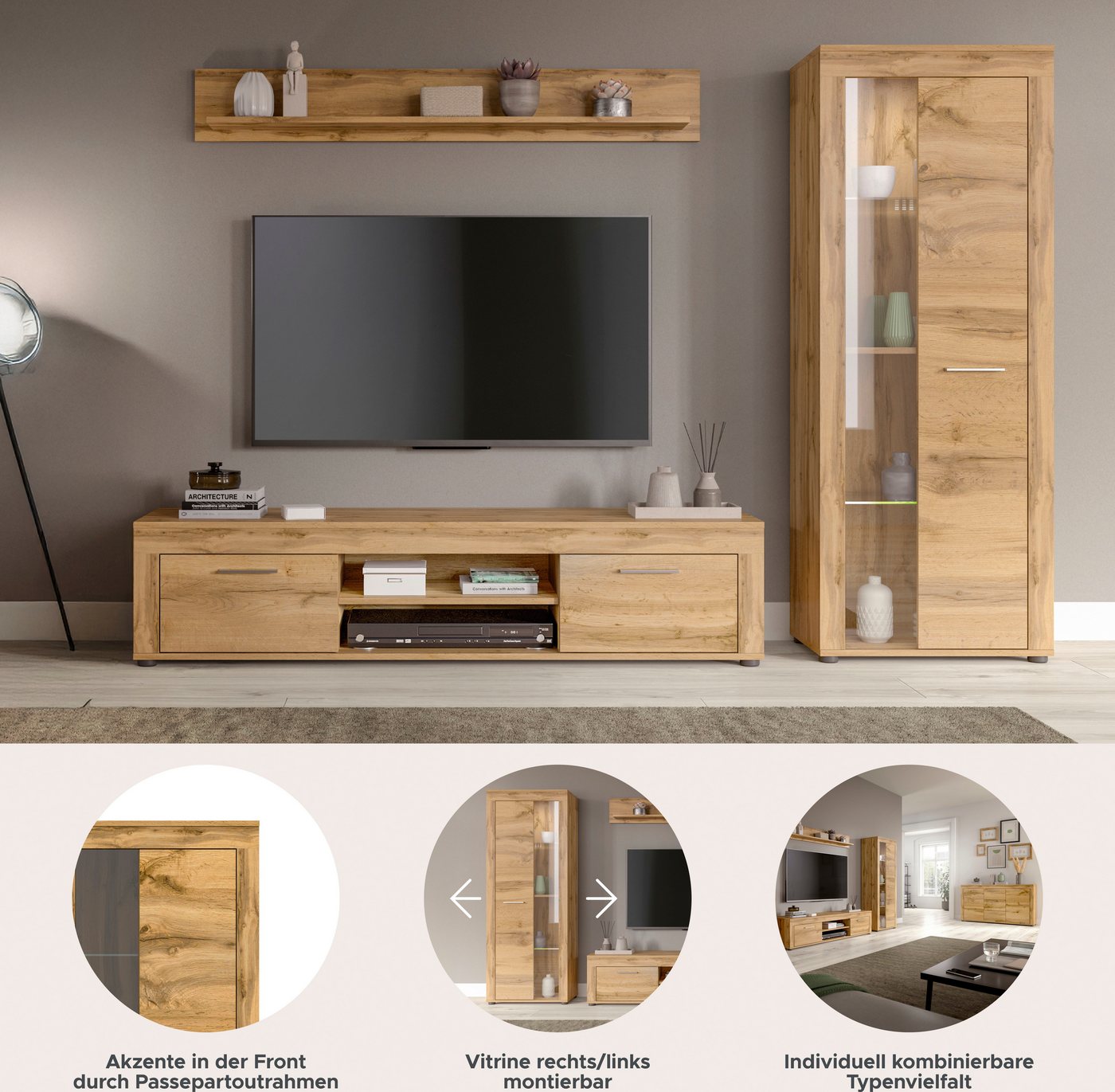 OTTO home Wohnwand AOSTA, Breite 235cm, 3-teilige Wohn-Kombination, (3-St., bestehend aus: Lowboard, Wandboard, Vitrine), Wohnwand, Kombination, Anbauwand, Möbe – Bild 3 von 5