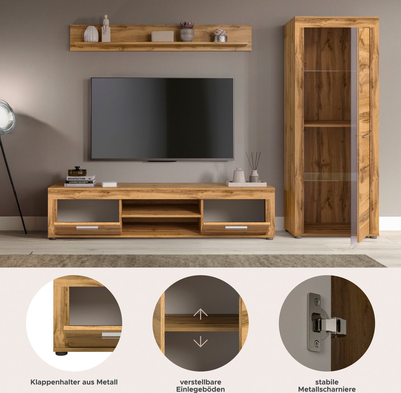 OTTO home Wohnwand AOSTA, Breite 235cm, 3-teilige Wohn-Kombination, (3-St., bestehend aus: Lowboard, Wandboard, Vitrine), Wohnwand, Kombination, Anbauwand, Möbe – Bild 4 von 5