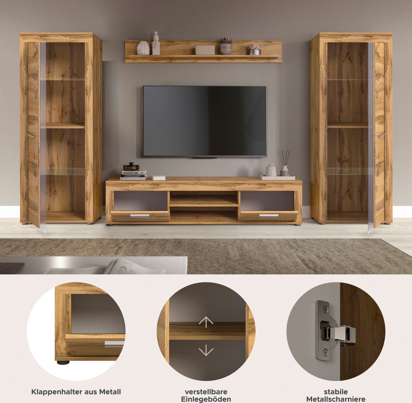 OTTO home Wohnwand AOSTA, Breite 310cm, 4-teilige Wohn-Kombination, (bestehend aus: 2x Vitrine, Lowboard, Wandboard), Wohnwand, Kombination, Anbauwand, Möbel Se – Bild 4 von 5