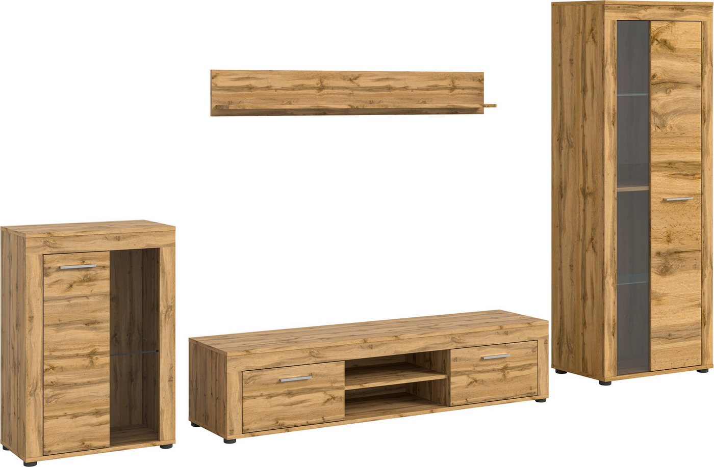 OTTO home Wohnwand AOSTA, Breite 310cm, 4-teilige Wohn-Kombination, (4-St., bestehend aus: Vitrine, Lowboard, Wandboard & Vitrine hoch), Wohnwand, Kombination,  – Bild 2 von 5