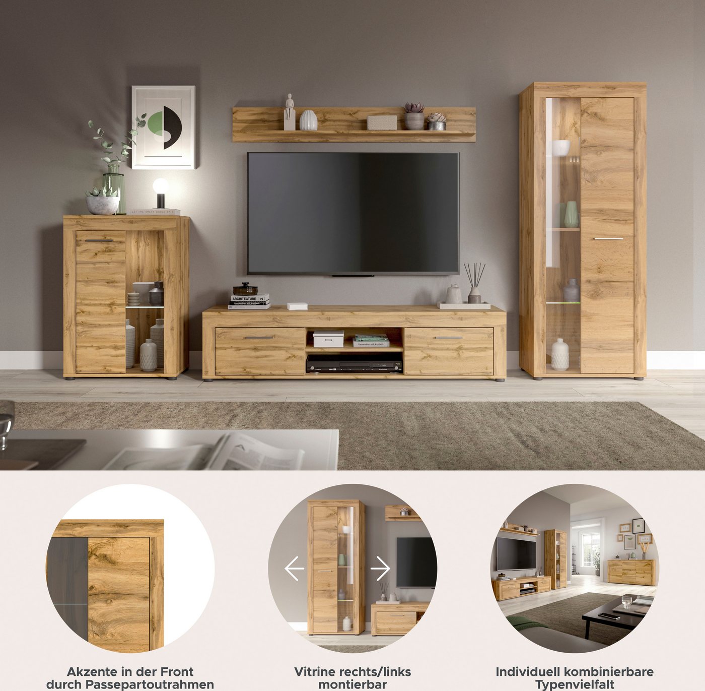 OTTO home Wohnwand AOSTA, Breite 310cm, 4-teilige Wohn-Kombination, (4-St., bestehend aus: Vitrine, Lowboard, Wandboard & Vitrine hoch), Wohnwand, Kombination,  – Bild 3 von 5