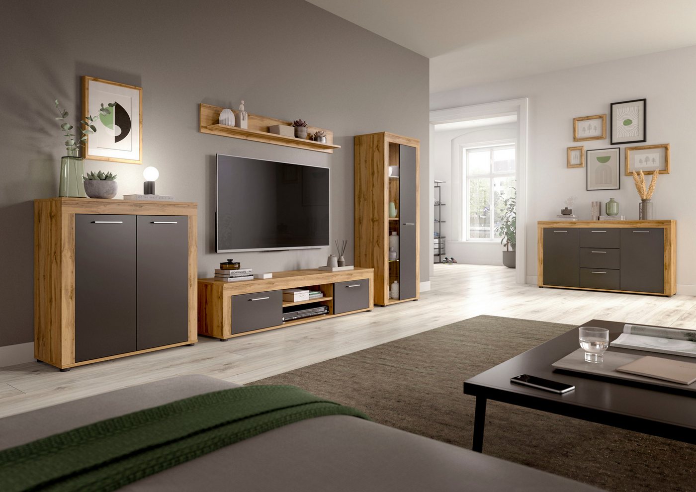 OTTO home Wohnwand AOSTA, Breite 330cm, 4-teilige Wohn-Kombination, (4-St., bestehend aus: Highboard, Lowboard, Wandboard & Vitrine), Wohnwand, Kombination, Anb – Bild 5 von 5