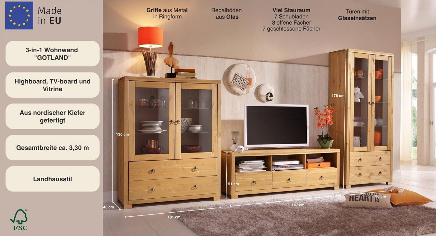 OTTO home Wohnwand Gotland, (Set, 3-St), bestehend aus 1 Highboard, 1 TV-Lowboard und 1 Vitrine – Bild 2 von 5