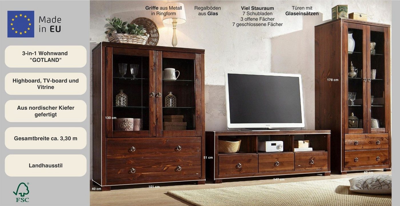 OTTO home Wohnwand Gotland, (Set, 3-St), bestehend aus 1 Highboard, 1 TV-Lowboard und 1 Vitrine – Bild 2 von 5
