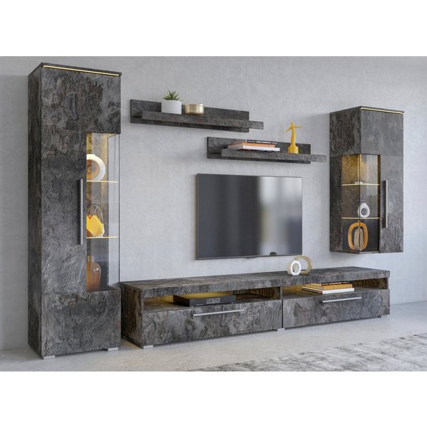 OTTO home Wohnwand India,Breite 245cm moderne Mediawand ohne Beleuchtung, Anbauwand (Set,5-St, 1xVitrine,1xHängevitrine,1TV-Schrank,2xWandregal)