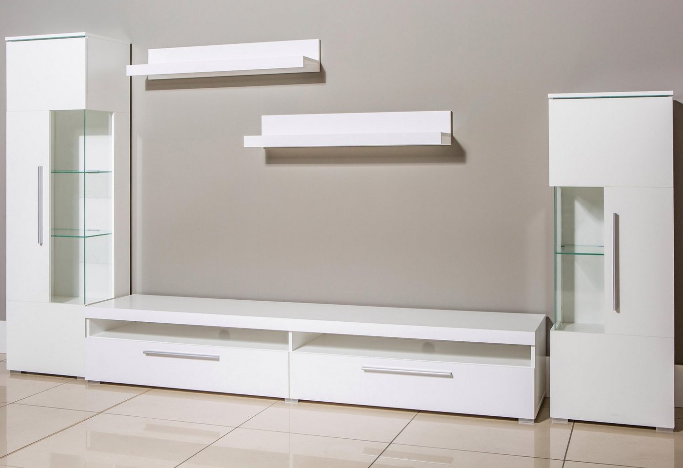 OTTO home Wohnwand India,Breite 290cm moderne Mediawand ohne Beleuchtung, (Set, 5-St., fdete), Anbuwand (Set,5-St, 2xVitrine, 1TV-Schrank, 2xWandregal) viel Sta – Bild 3 von 5