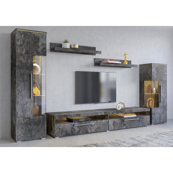 OTTO home Wohnwand India,Breite 290cm moderne Mediawand ohne Beleuchtung, (Set, 5-St., fdete), Anbuwand (Set,5-St, 2xVitrine, 1TV-Schrank, 2xWandregal) viel Sta