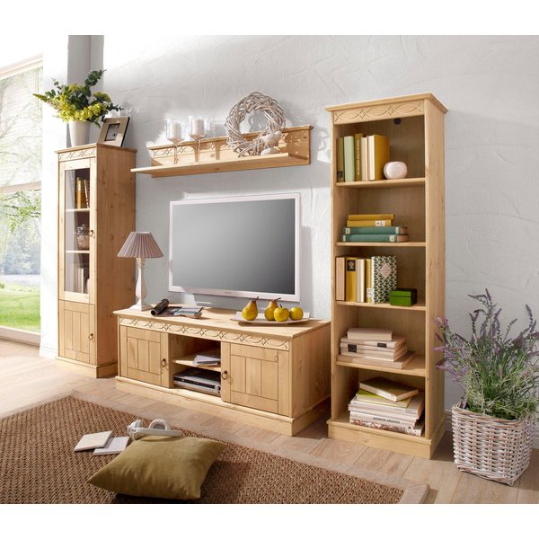 OTTO home Wohnwand Indra, (Set, 4-St), 4-teiliges Set: Vitrine, Lowboard, Wand- & Standregal, Kiefer massiv