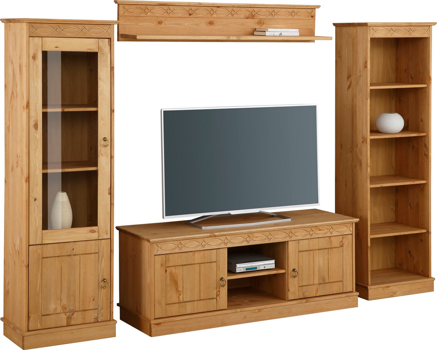 OTTO home Wohnwand Indra, (Set, 4-St), 4-teiliges Set: Vitrine, Lowboard, Wand- & Standregal, Kiefer massiv – Bild 2 von 5