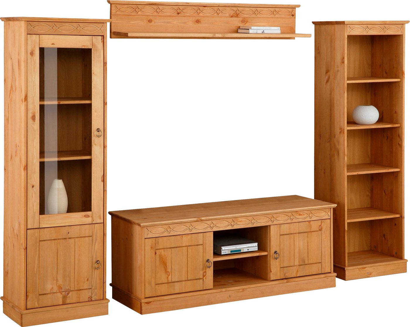 OTTO home Wohnwand Indra, (Set, 4-St), 4-teiliges Set: Vitrine, Lowboard, Wand- & Standregal, Kiefer massiv – Bild 3 von 5