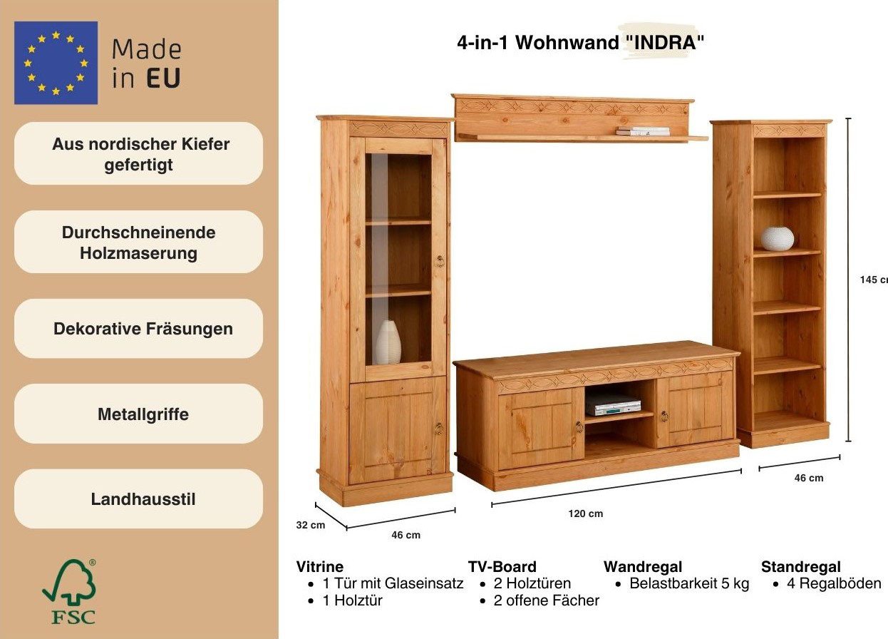 OTTO home Wohnwand Indra, (Set, 4-St), 4-teiliges Set: Vitrine, Lowboard, Wand- & Standregal, Kiefer massiv – Bild 4 von 5