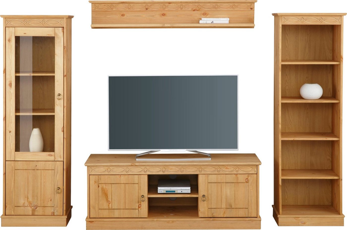 OTTO home Wohnwand Indra, (Set, 4-St), 4-teiliges Set: Vitrine, Lowboard, Wand- & Standregal, Kiefer massiv – Bild 5 von 5
