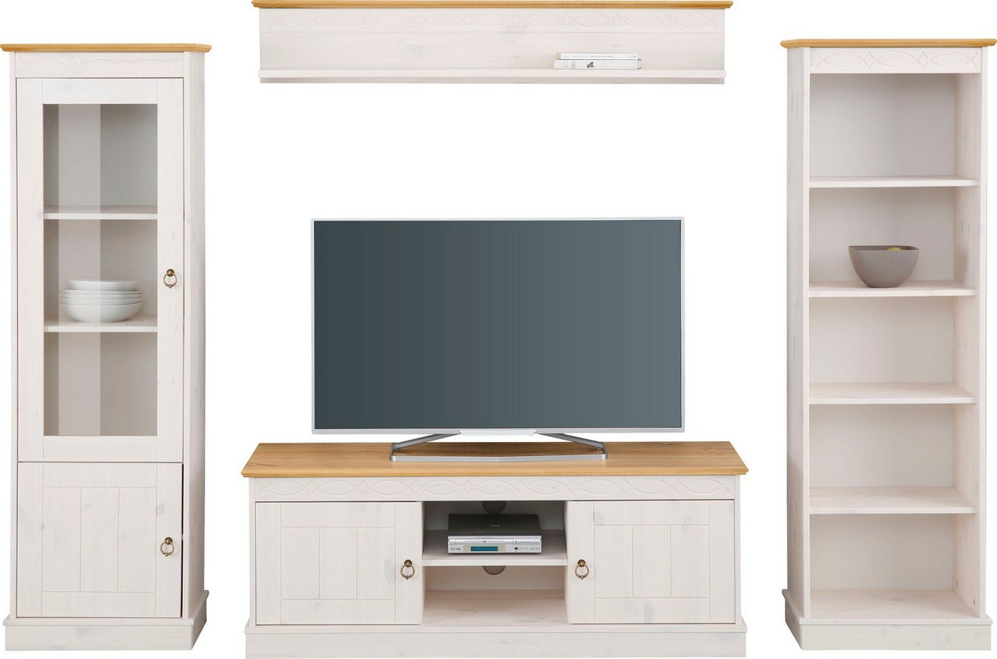 OTTO home Wohnwand Indra, (Set, 4-St), 4-teiliges Set: Vitrine, Lowboard, Wand- & Standregal, Kiefer massiv – Bild 2 von 5