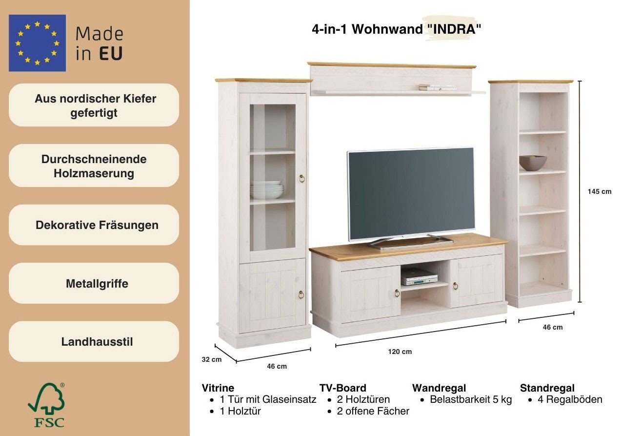 OTTO home Wohnwand Indra, (Set, 4-St), 4-teiliges Set: Vitrine, Lowboard, Wand- & Standregal, Kiefer massiv – Bild 3 von 5
