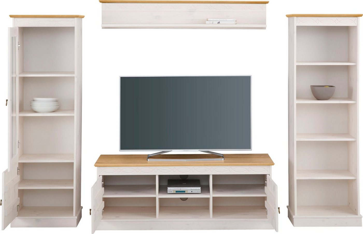 OTTO home Wohnwand Indra, (Set, 4-St), 4-teiliges Set: Vitrine, Lowboard, Wand- & Standregal, Kiefer massiv – Bild 4 von 5