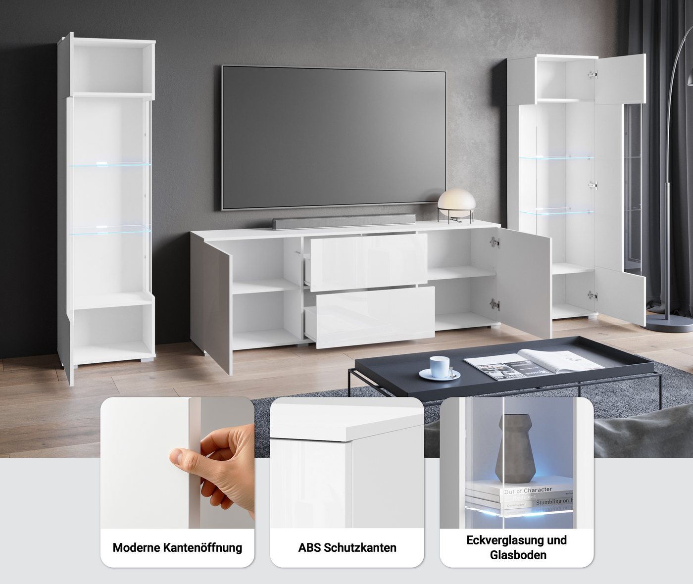 OTTO home Wohnwand KENIA, (Komplett-Set, 3-St), Vitrinen mit Eckverglasung, hängend und stehend montierbar – Bild 3 von 5