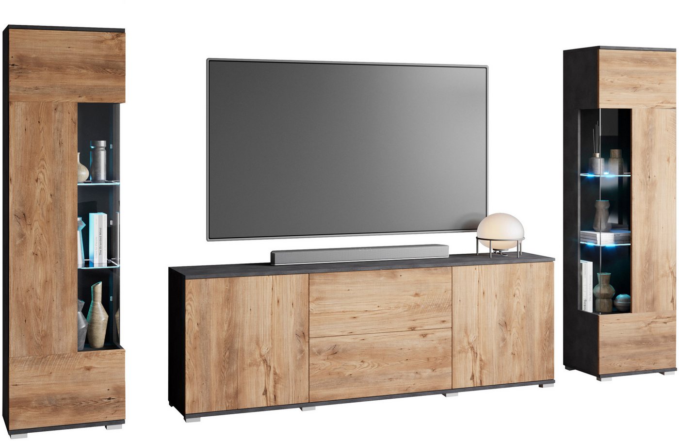 OTTO home Wohnwand KENIA, (Komplett-Set, 3-St), Vitrinen mit Eckverglasung, hängend und stehend montierbar – Bild 2 von 5