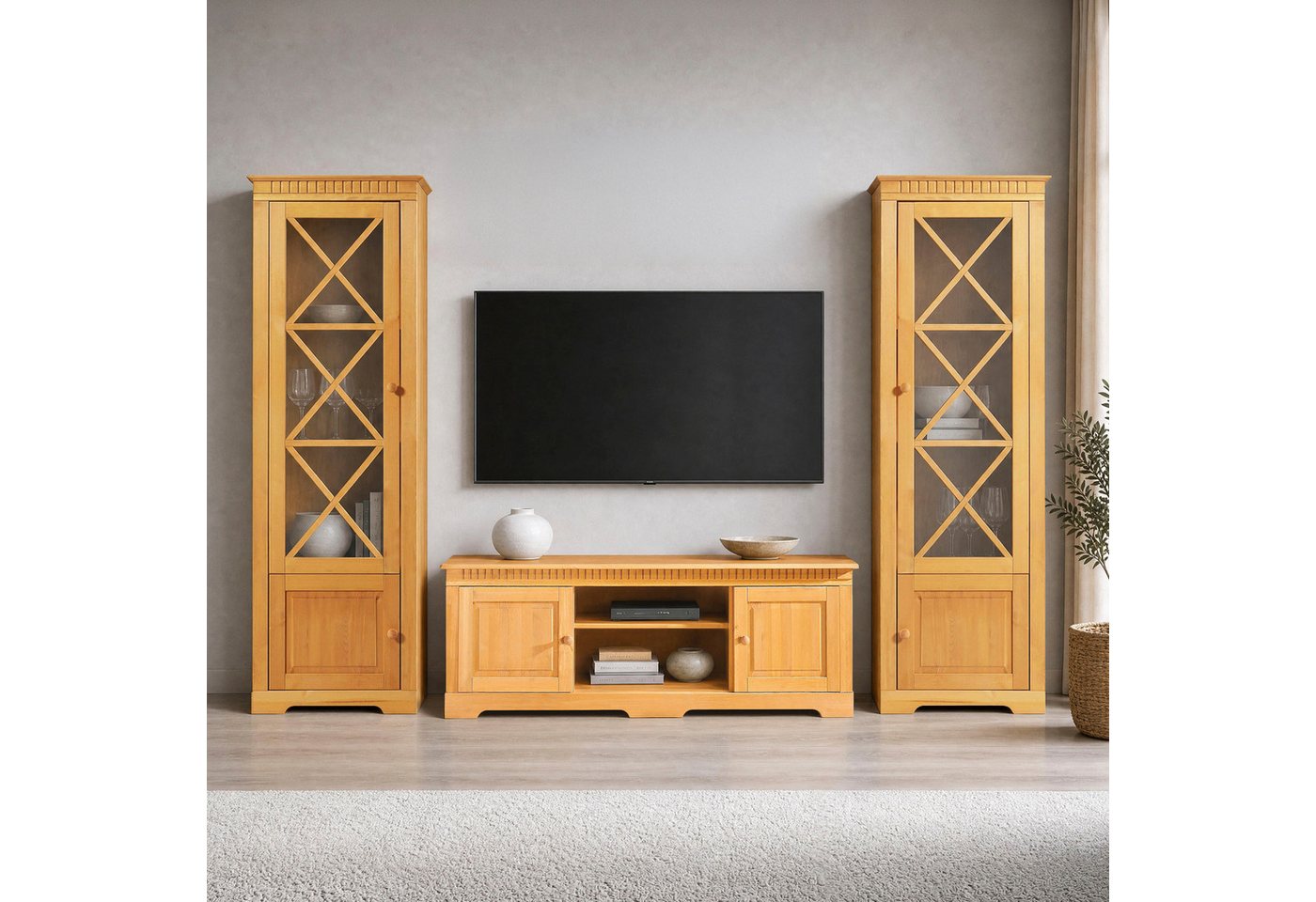 OTTO home Wohnwand Lisa, (Set, 3-St), bestehend aus zwei Vitrinen und einem Lowboard, massives Kiefernholz – Bild 2 von 5