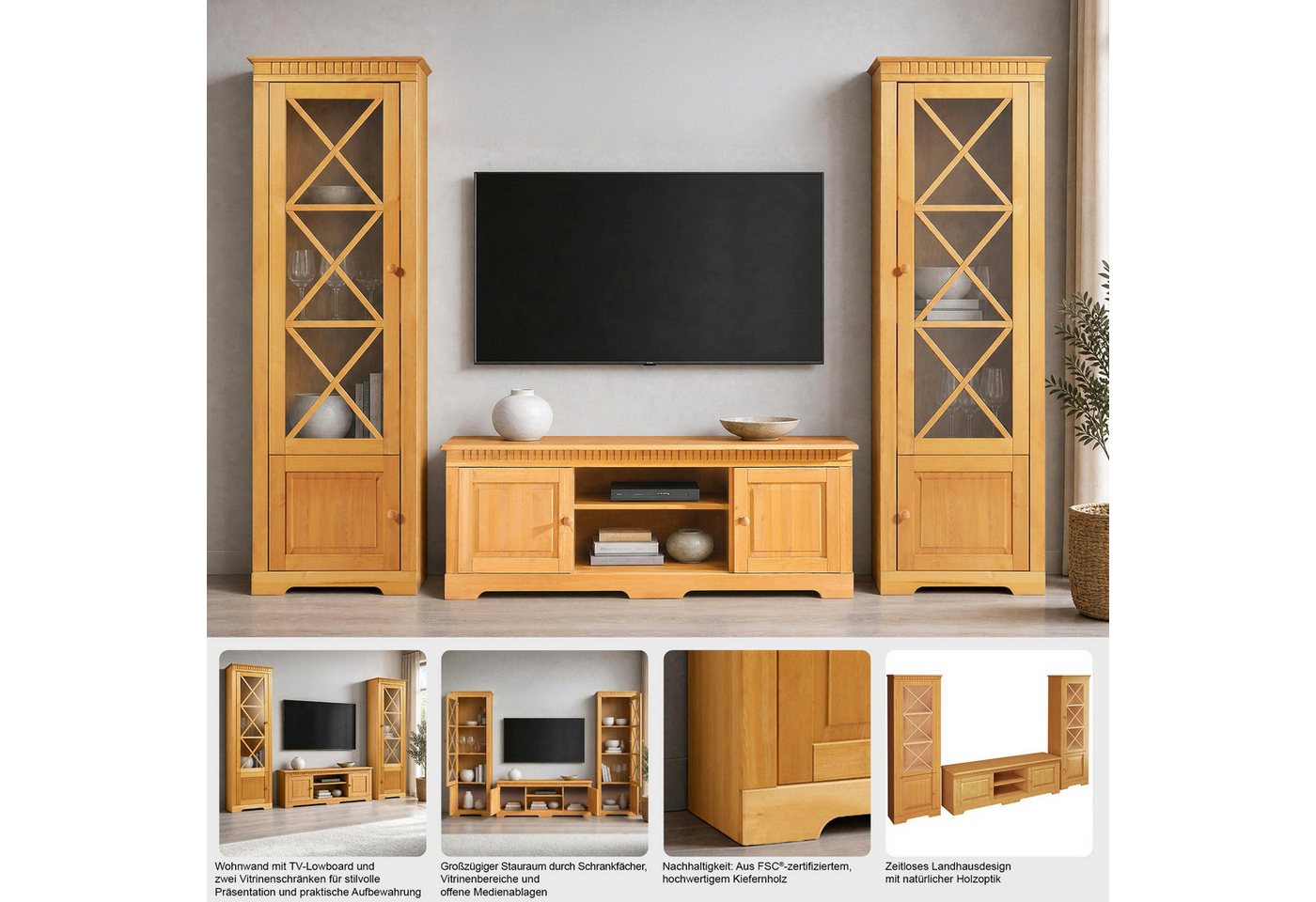OTTO home Wohnwand Lisa, (Set, 3-St), bestehend aus zwei Vitrinen und einem Lowboard, massives Kiefernholz – Bild 3 von 5