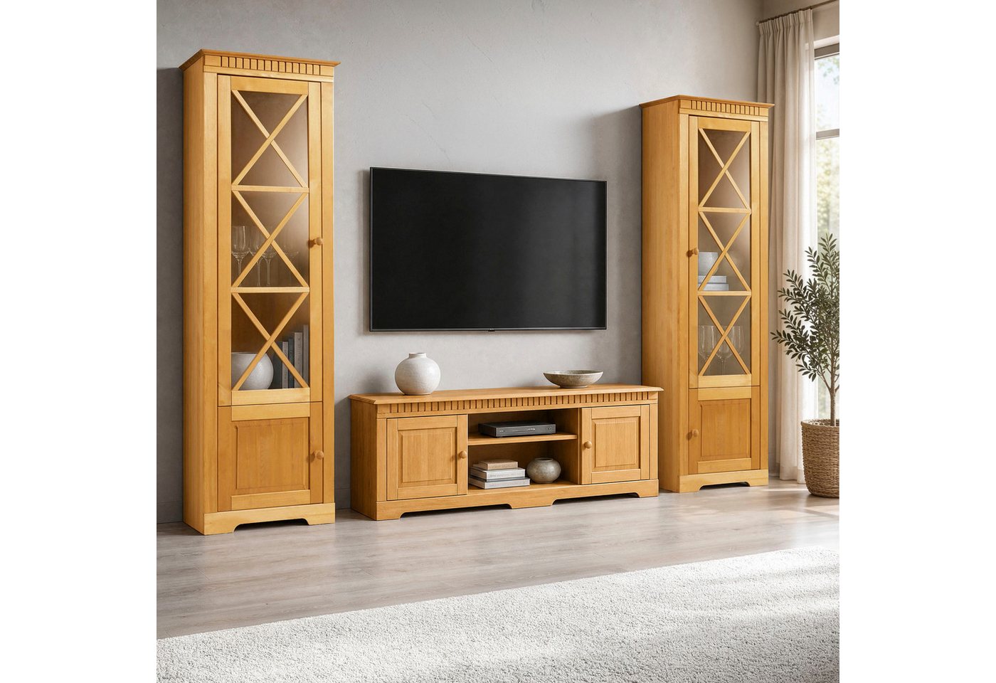 OTTO home Wohnwand Lisa, (Set, 3-St), bestehend aus zwei Vitrinen und einem Lowboard, massives Kiefernholz – Bild 5 von 5