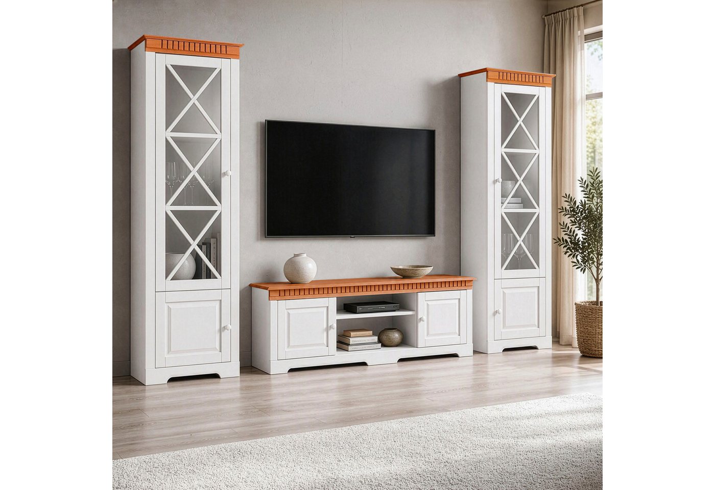OTTO home Wohnwand Lisa, (Set, 3-St), bestehend aus zwei Vitrinen und einem Lowboard, massives Kiefernholz – Bild 3 von 4